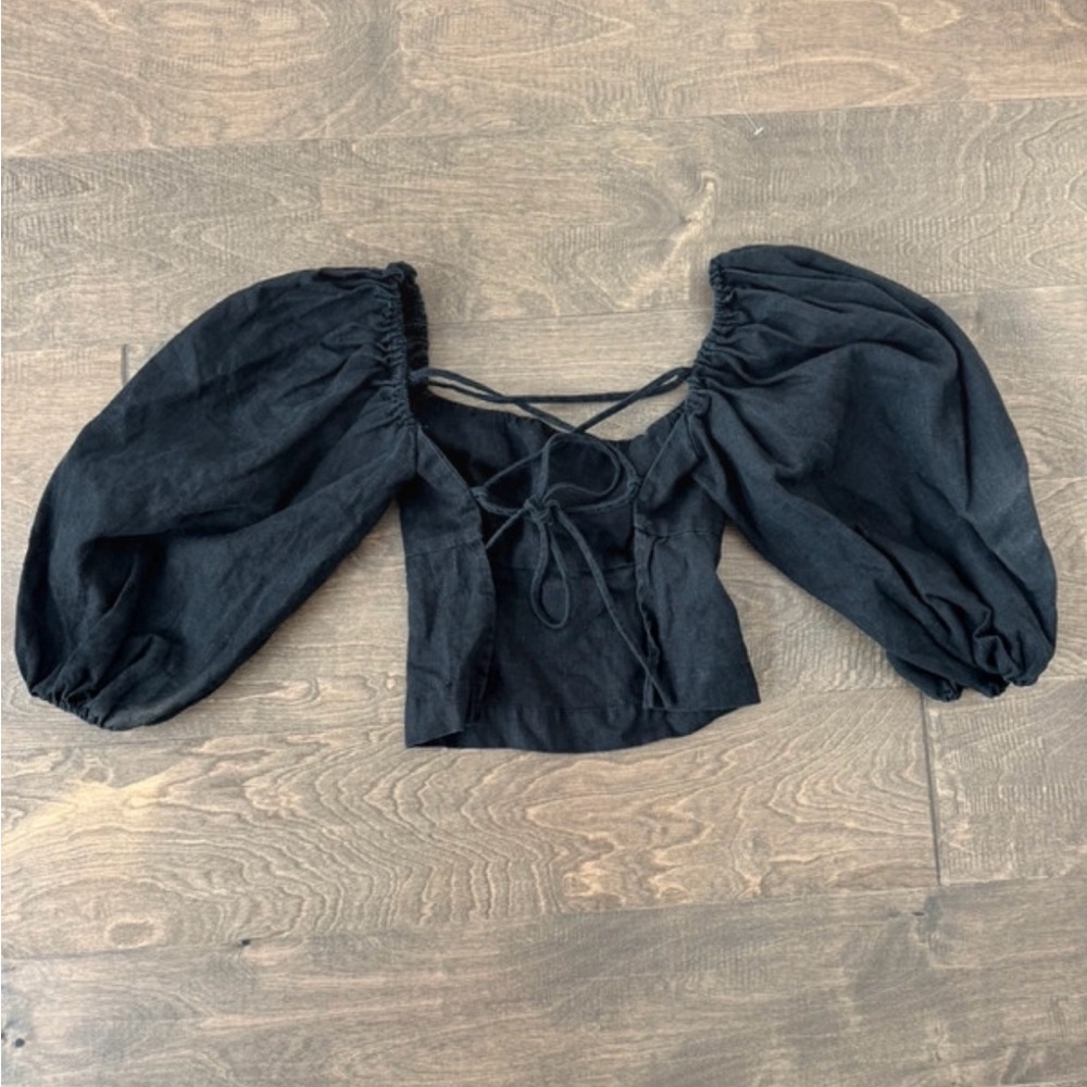 Revolve Elegant Black Puff Sleeve Top with open back